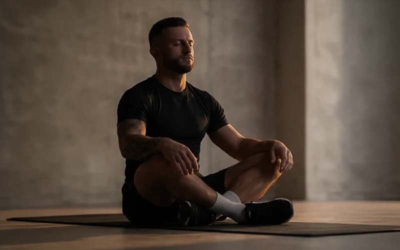 Someone sitting cross-legged with their eyes closed on a mat in a quiet, dim room.