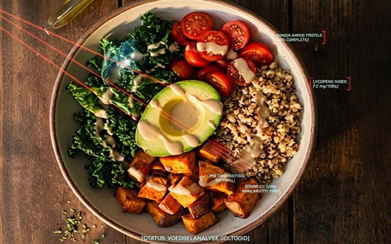 A bowl of kale, tomato, avocado, sweet potato and quinoa on a wooden table, with nutrition values alongside.